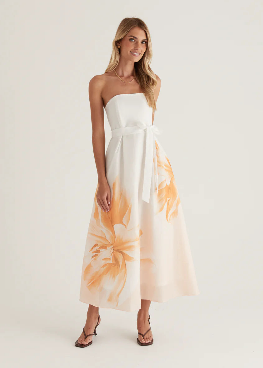 Naya Strapless Midi Dress - Peach Floral
