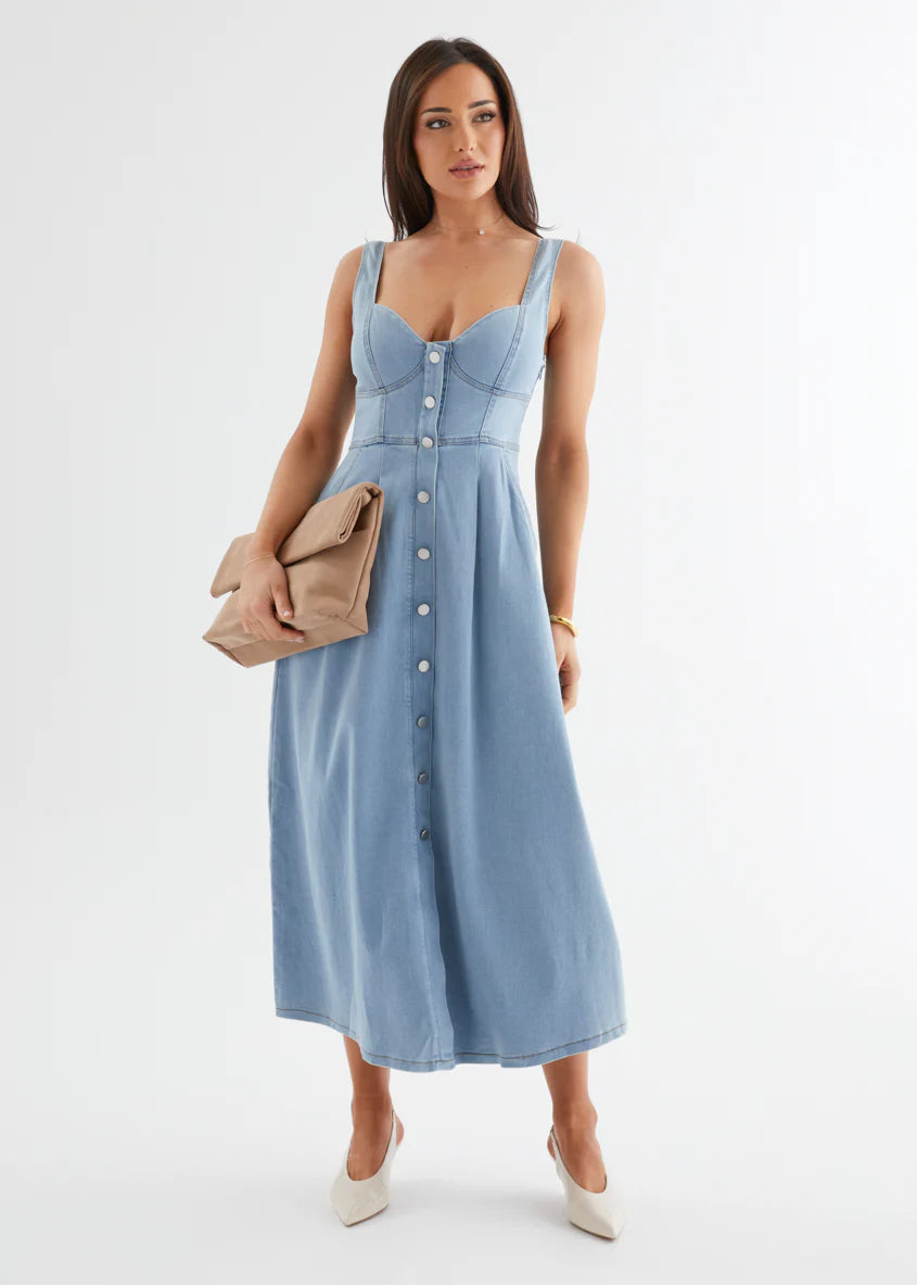 Deja Denim Midi Dress - Light Blue