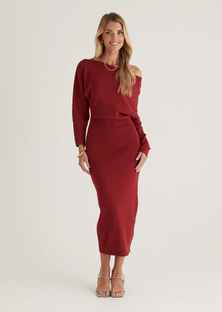 Milena Drop Shoulder Knit Midi Dress - Wine