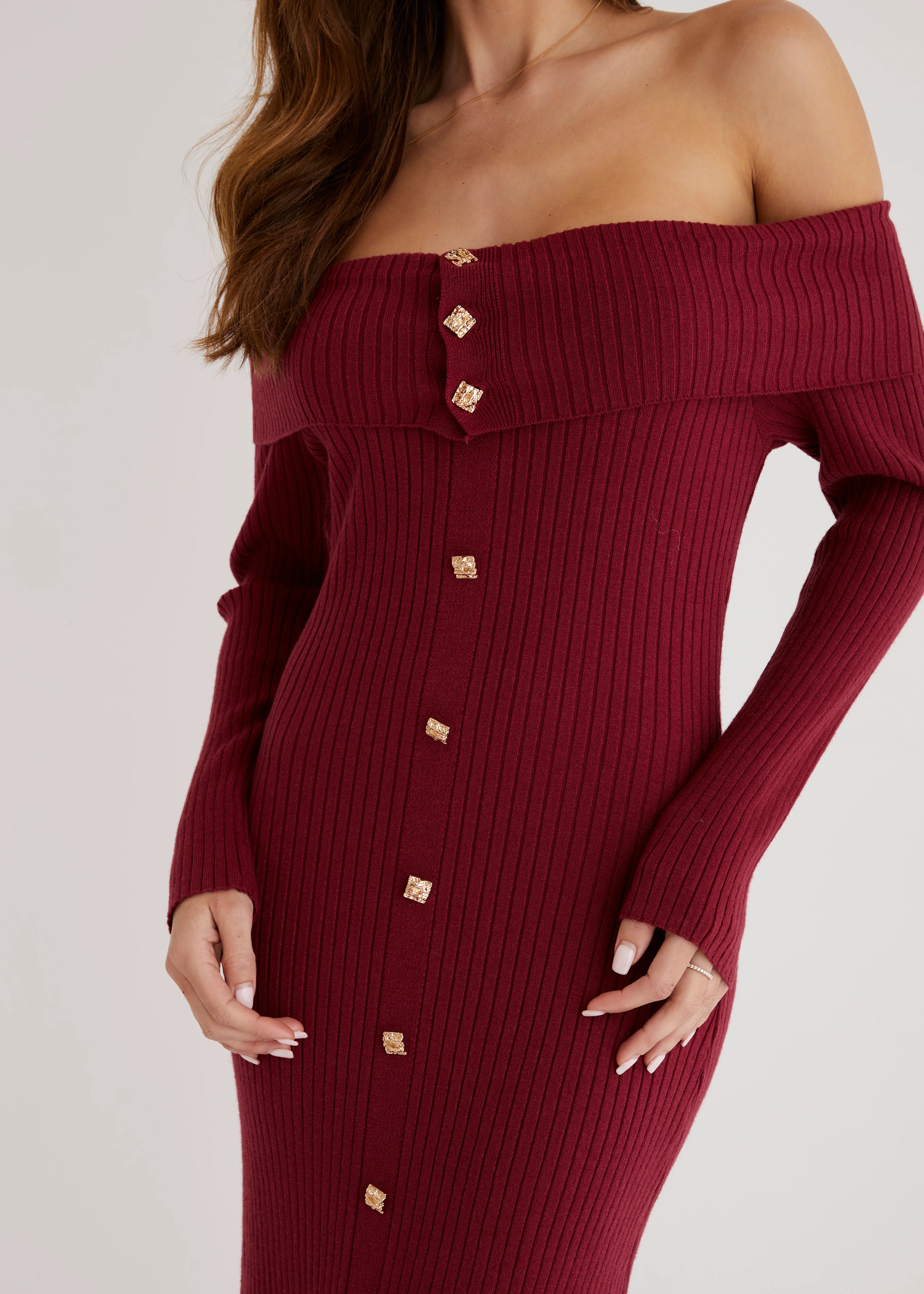 Aloe Off Shoulder Knit Maxi Dress - Wine