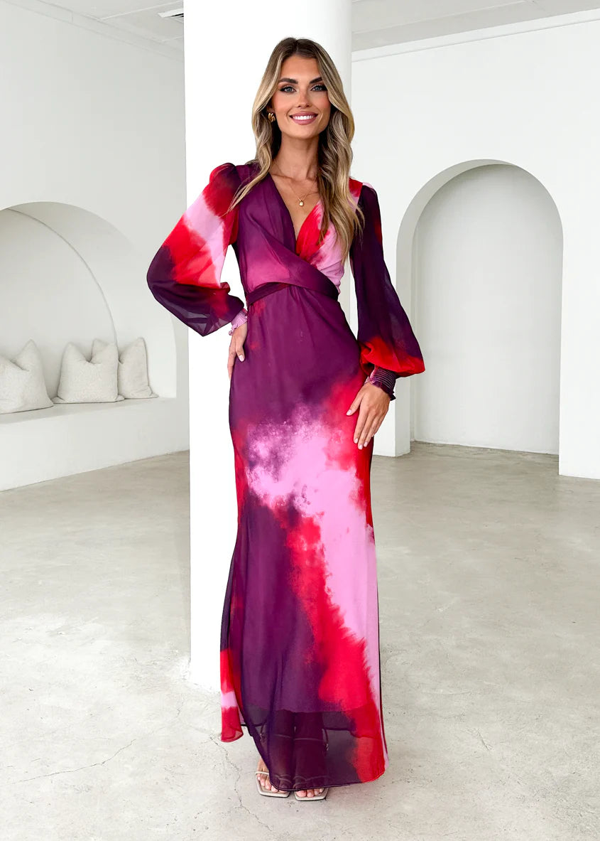 Camellia Midi Dress - Plum Tie Dye