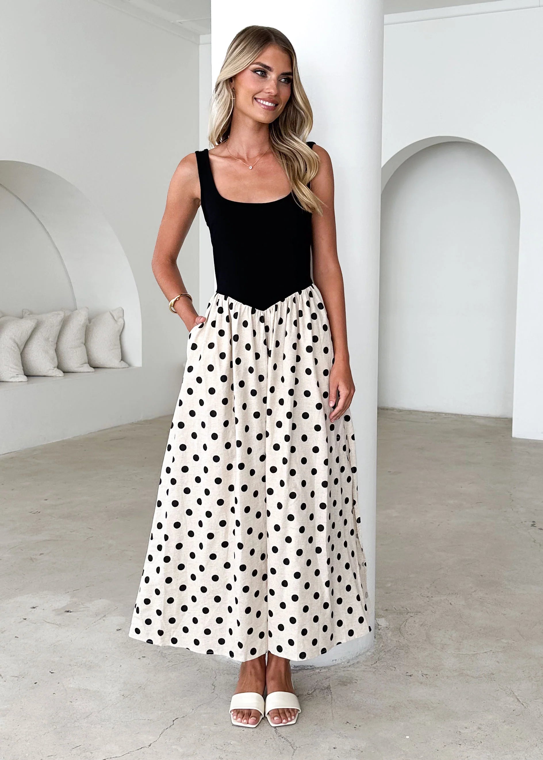 Natalie Maxi Dress - Black Polka