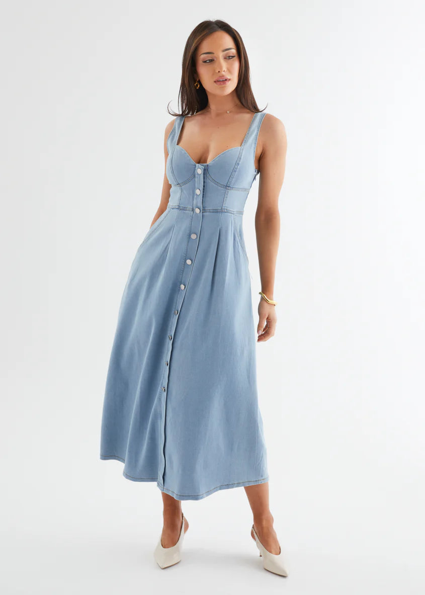 Deja Denim Midi Dress - Light Blue