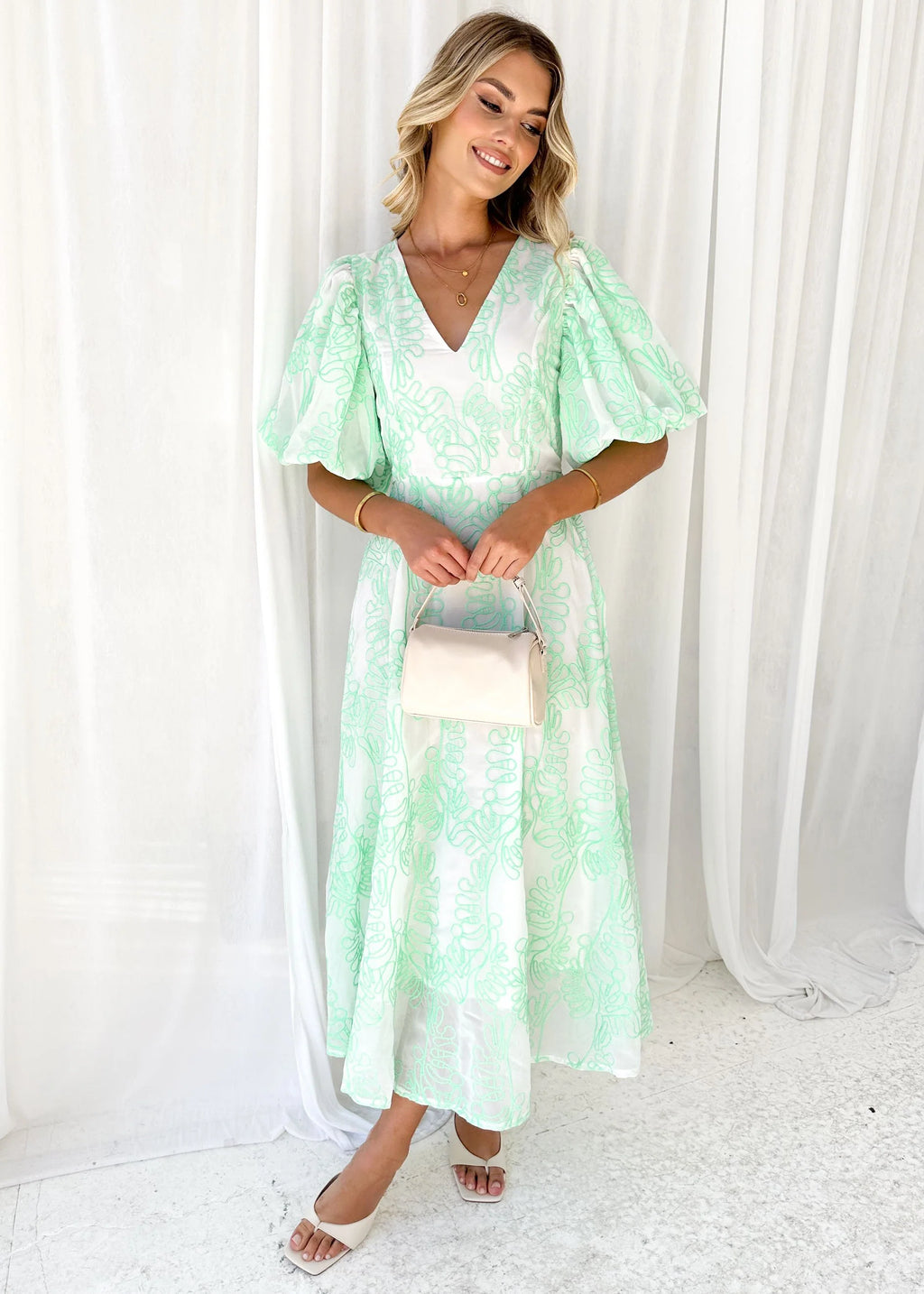 Ninetta Midi Dress - Green Embroidered