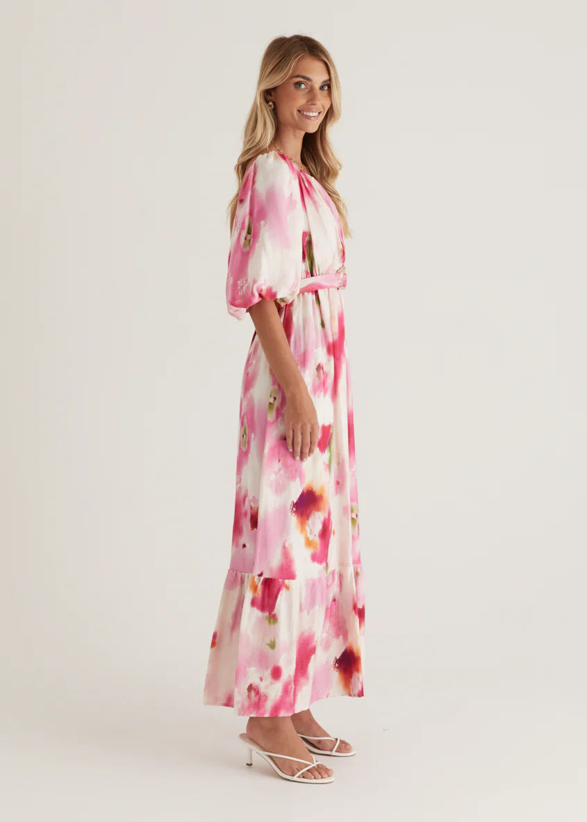 Halia Off Shoulder Midi Dress - Pink Watercolour