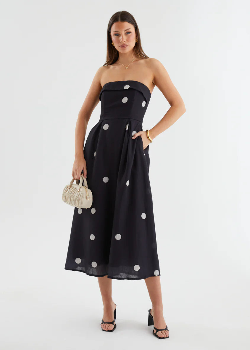 Charlee Strapless Midi Dress - Black Polka