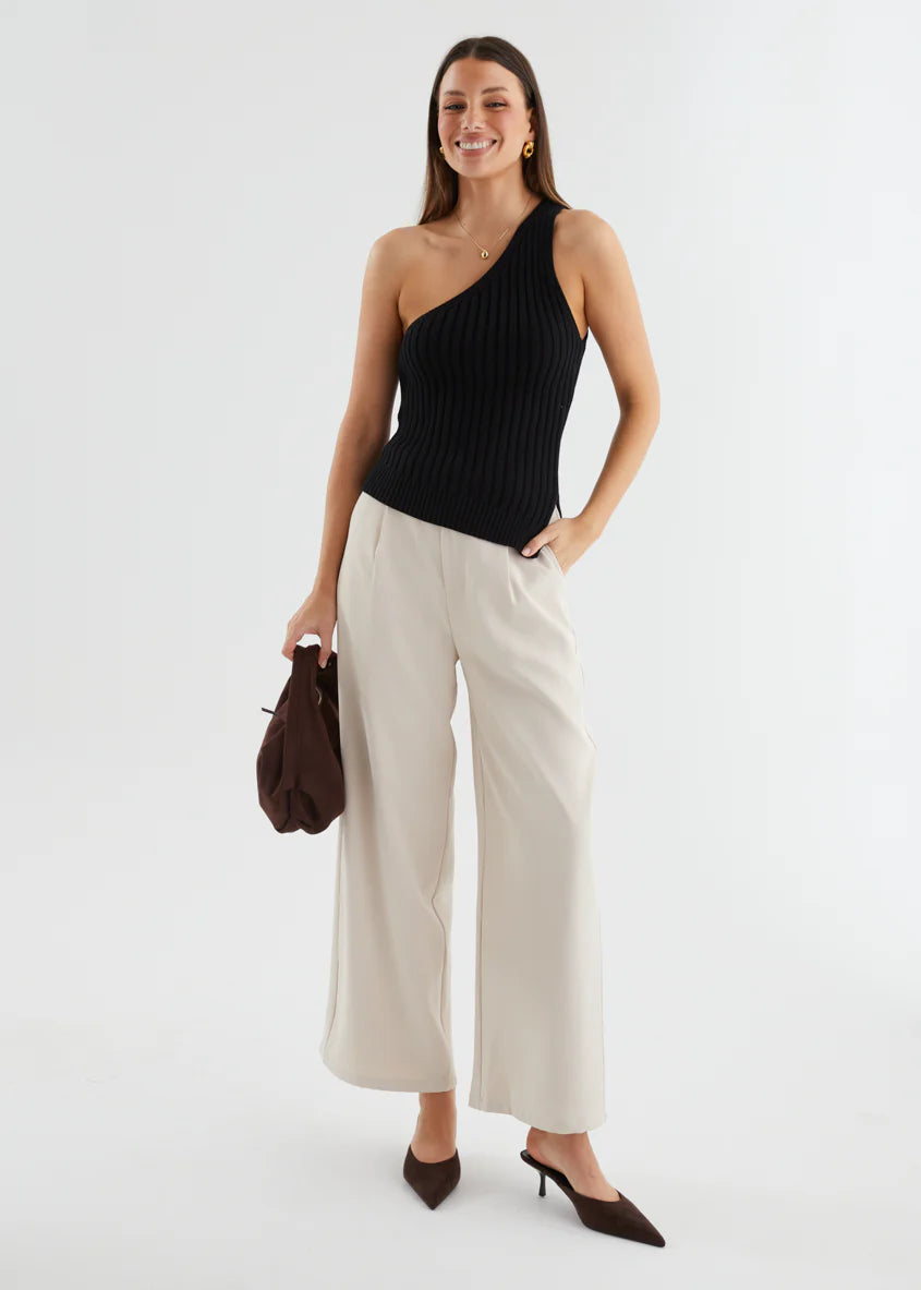 Natalee One Shoulder Knit Top - Black