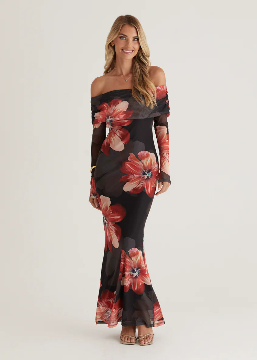 Sienna Mesh Off Shoulder Maxi Dress - Red Floral