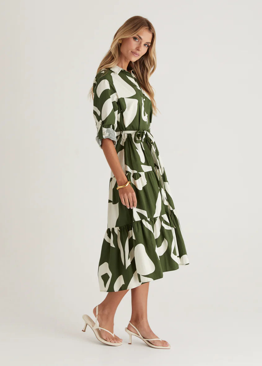 Maybelle Midi Dress - Khaki Leaf
