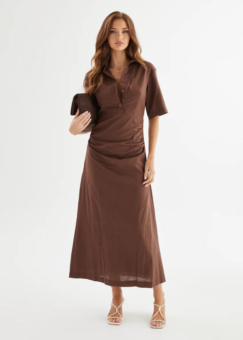 Stellar Linen Midi Dress - Espresso