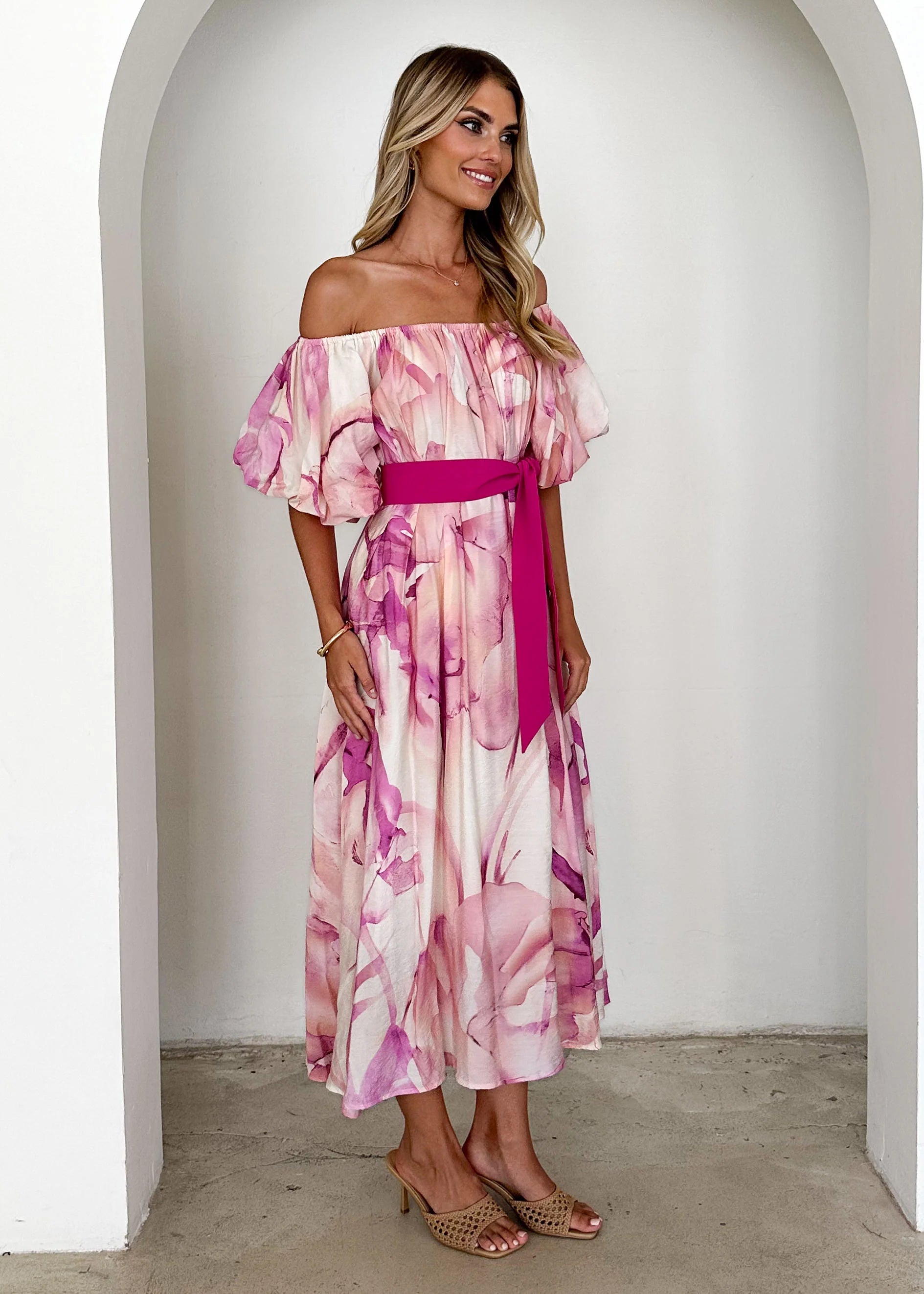 Reece Off Shoulder Midi Dress - Fuchsia Flame