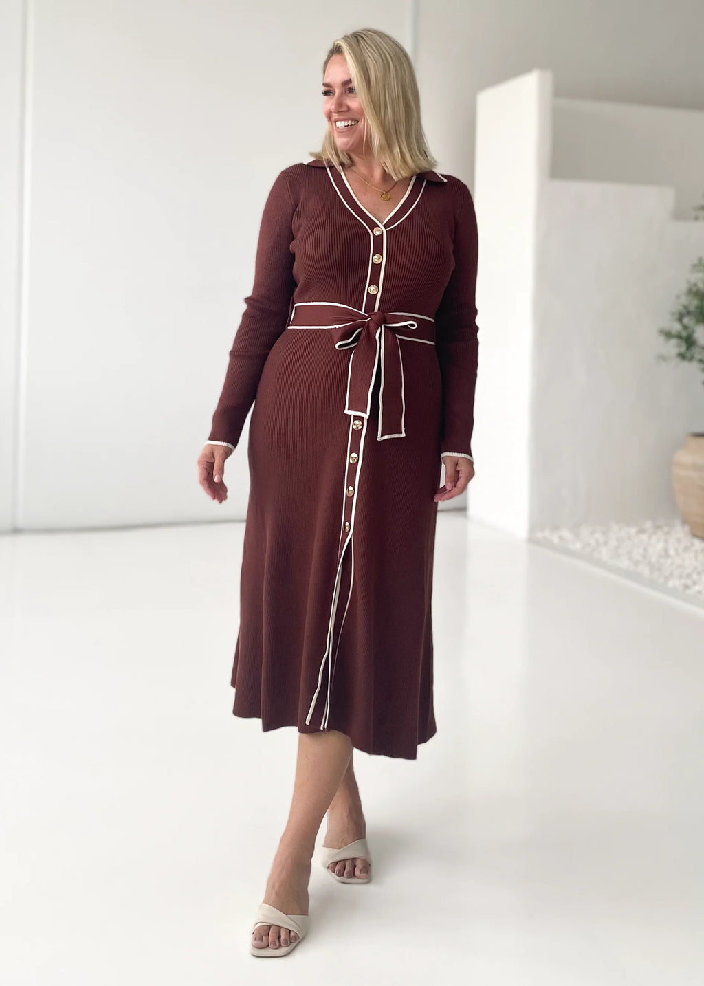 Stephanie Knit Midi Dress - Brown