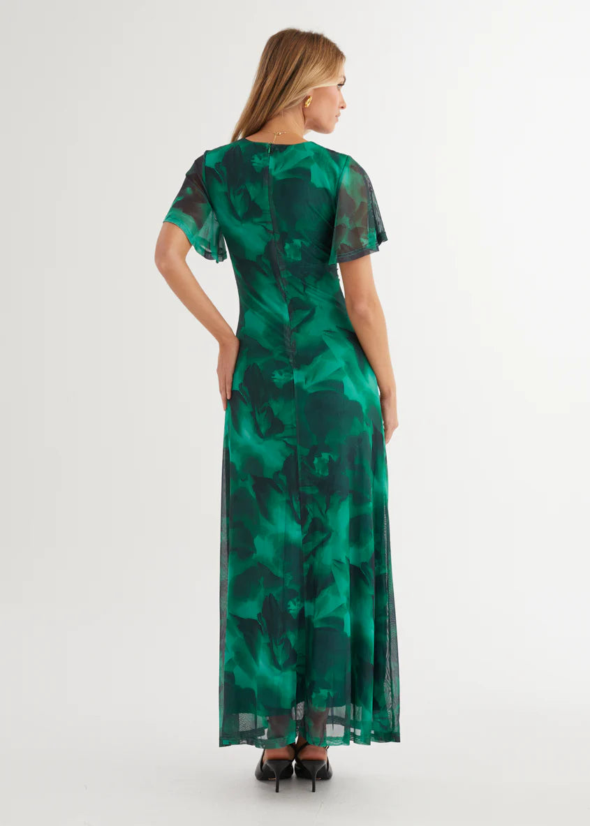 Ricki Mesh Midi Dress - Emerald Watercolour