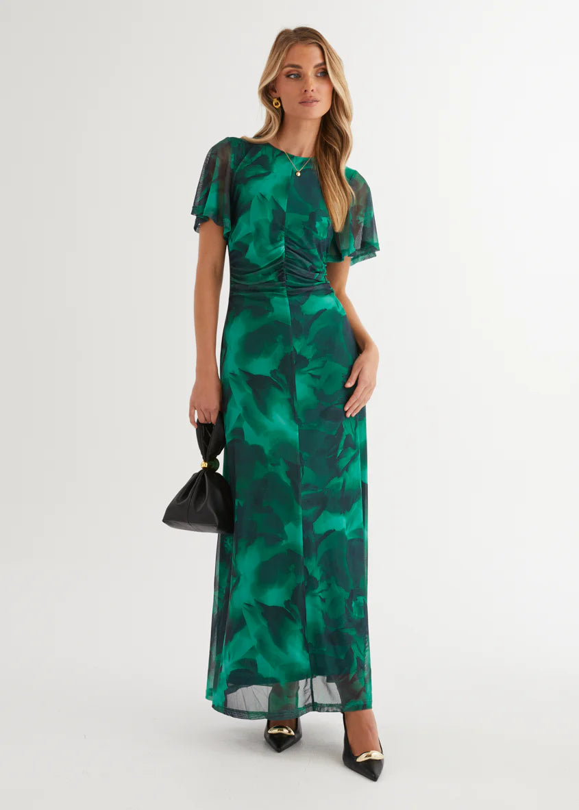 Ricki Mesh Midi Dress - Emerald Watercolour