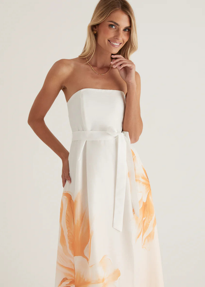 Naya Strapless Midi Dress - Peach Floral