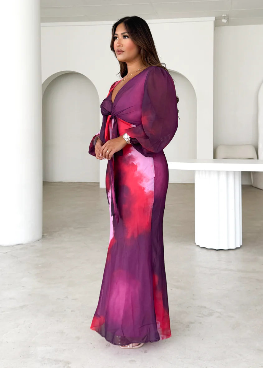 Camellia Midi Dress - Plum Tie Dye