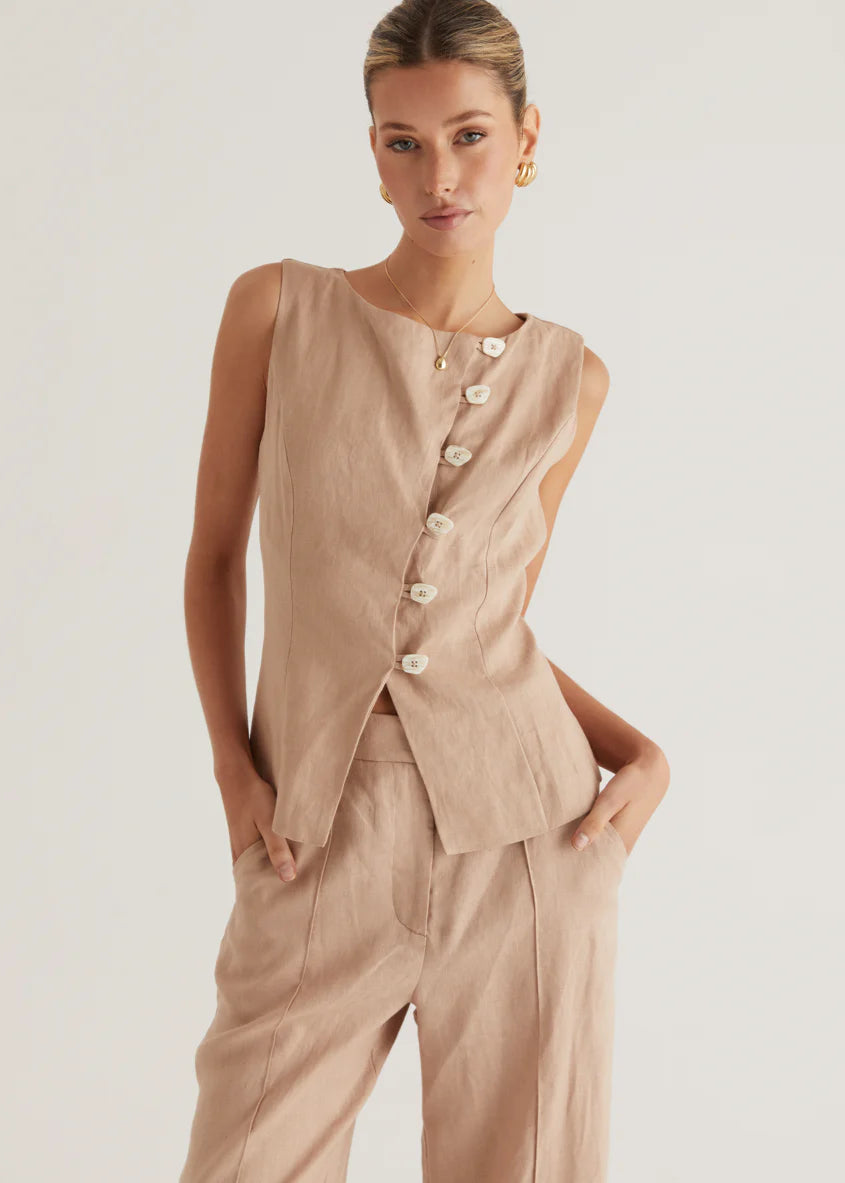 Thalia Linen Vest Top - Taupe