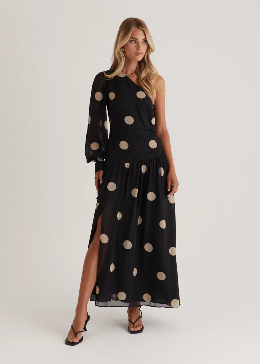 Ella One Shoulder Maxi Dress - Black Polka