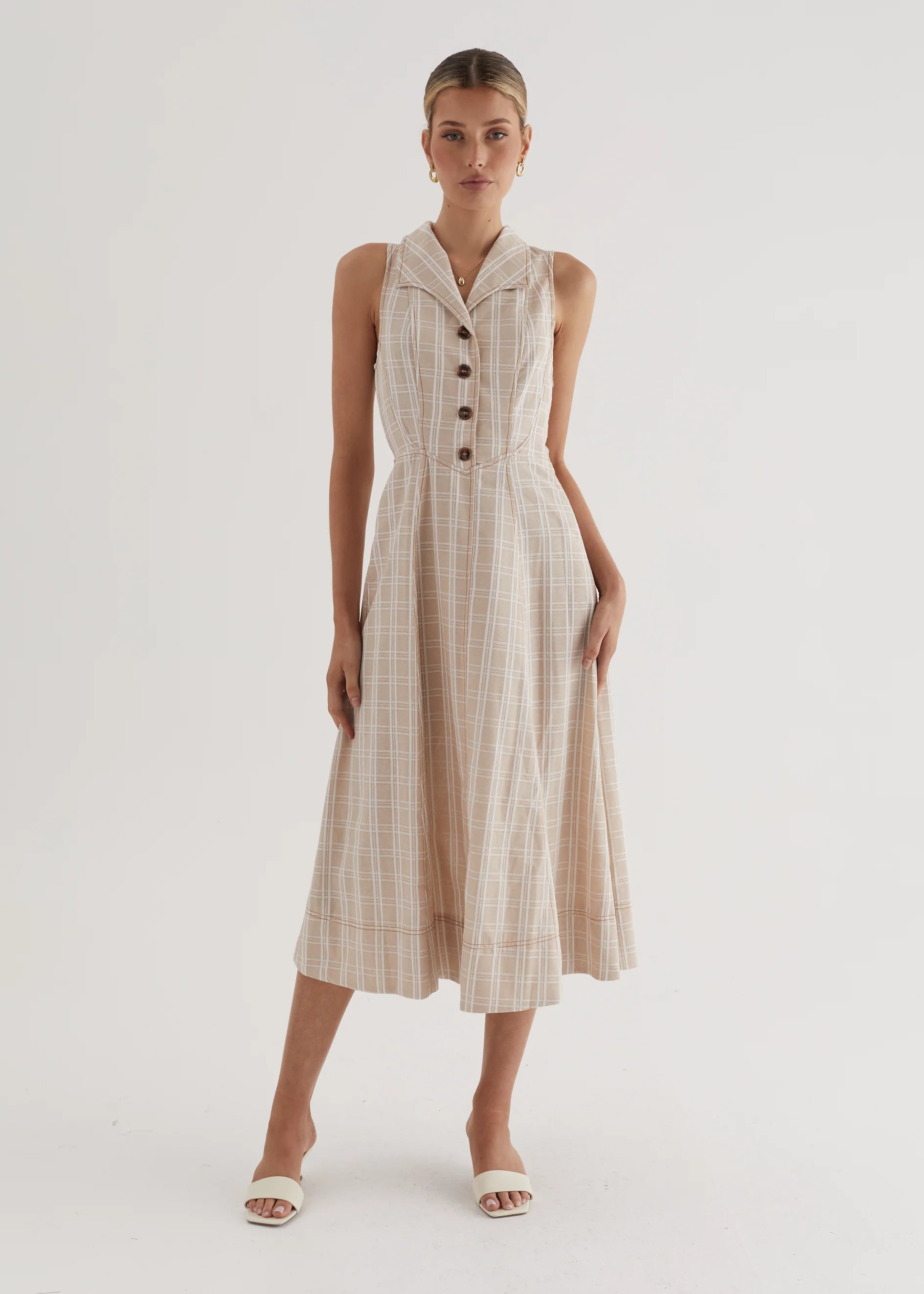 Annie Midi Dress - Beige Check