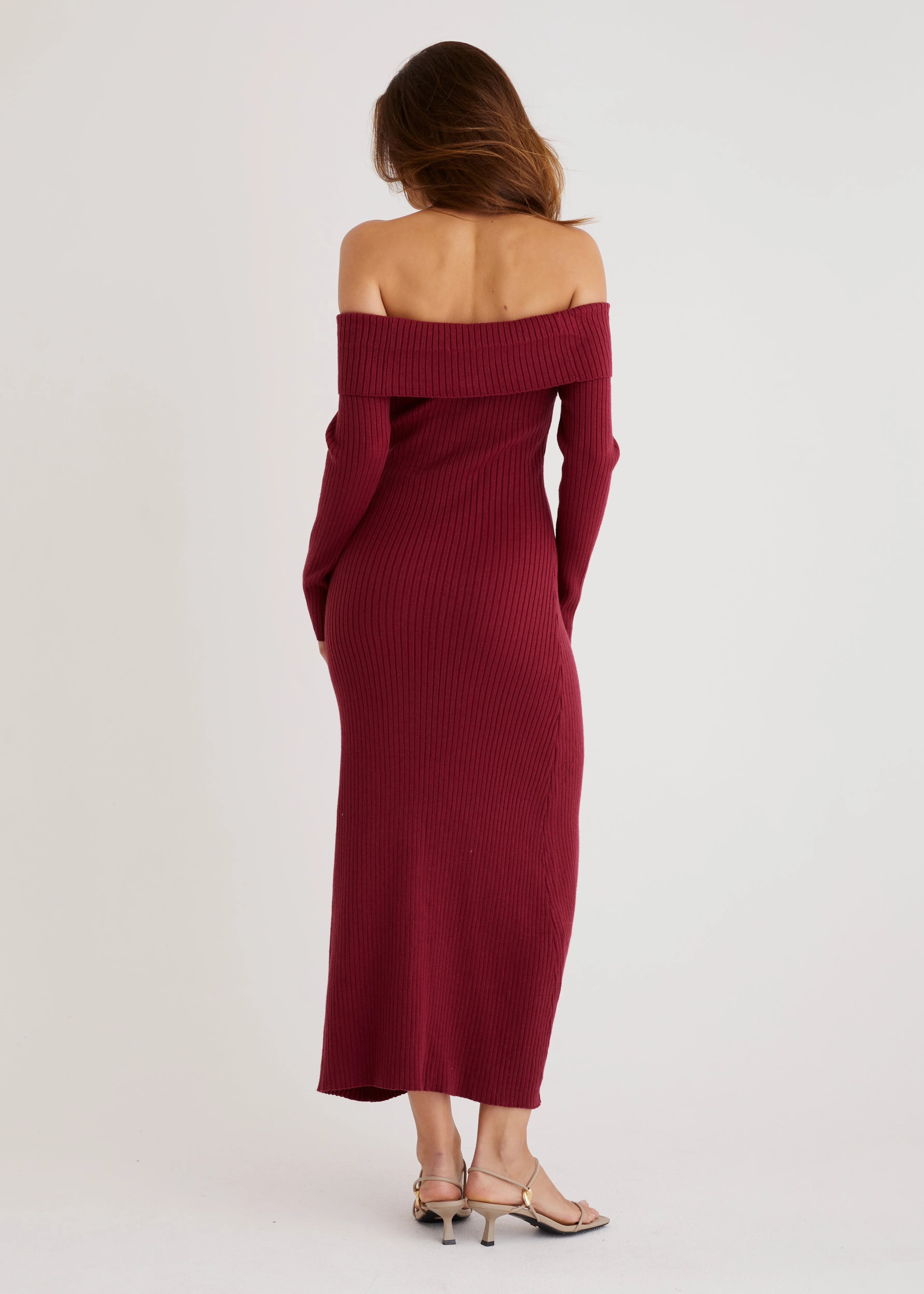 Aloe Off Shoulder Knit Maxi Dress - Wine