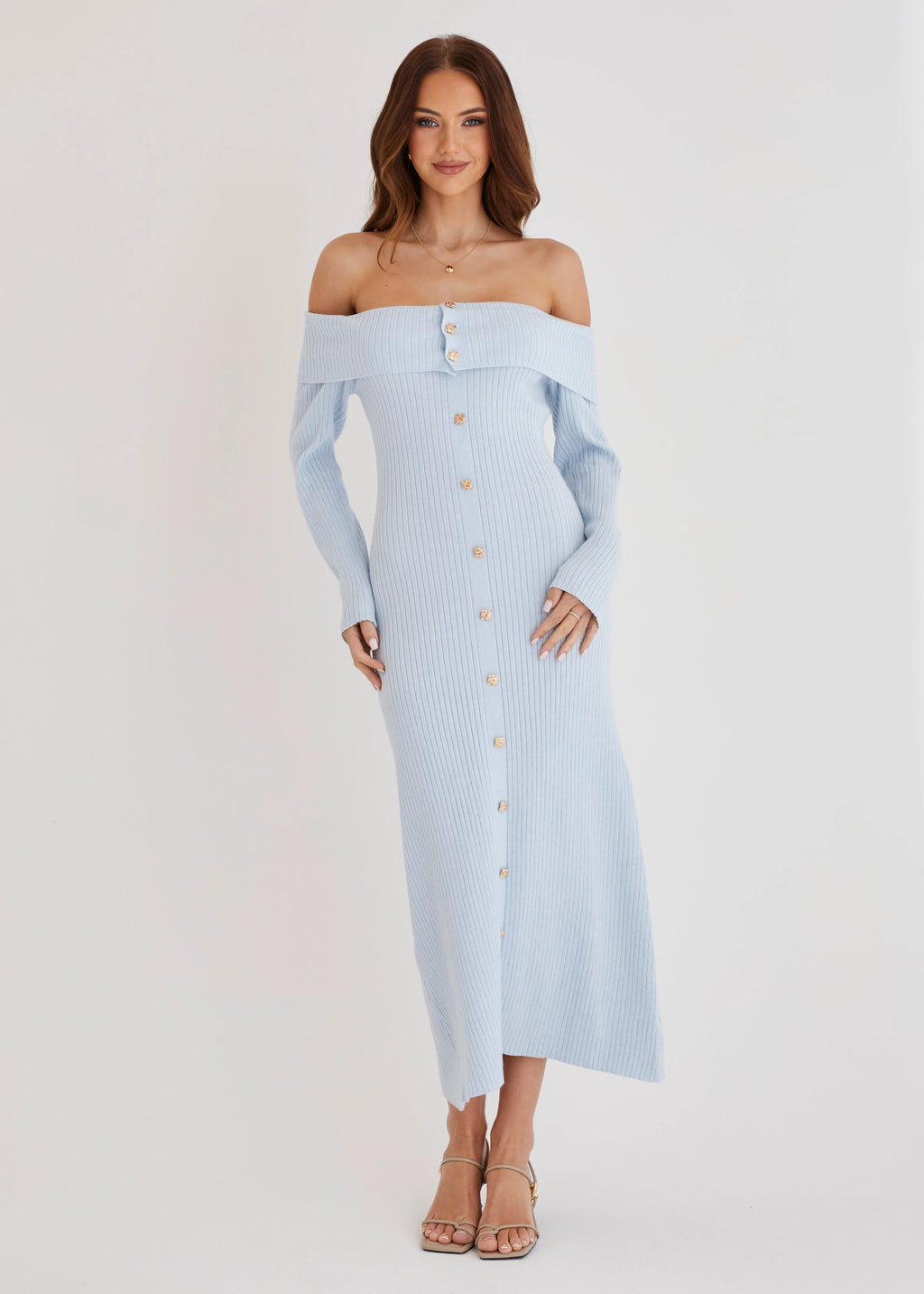 Aloe Off Shoulder Knit Maxi Dress - Powder Blue