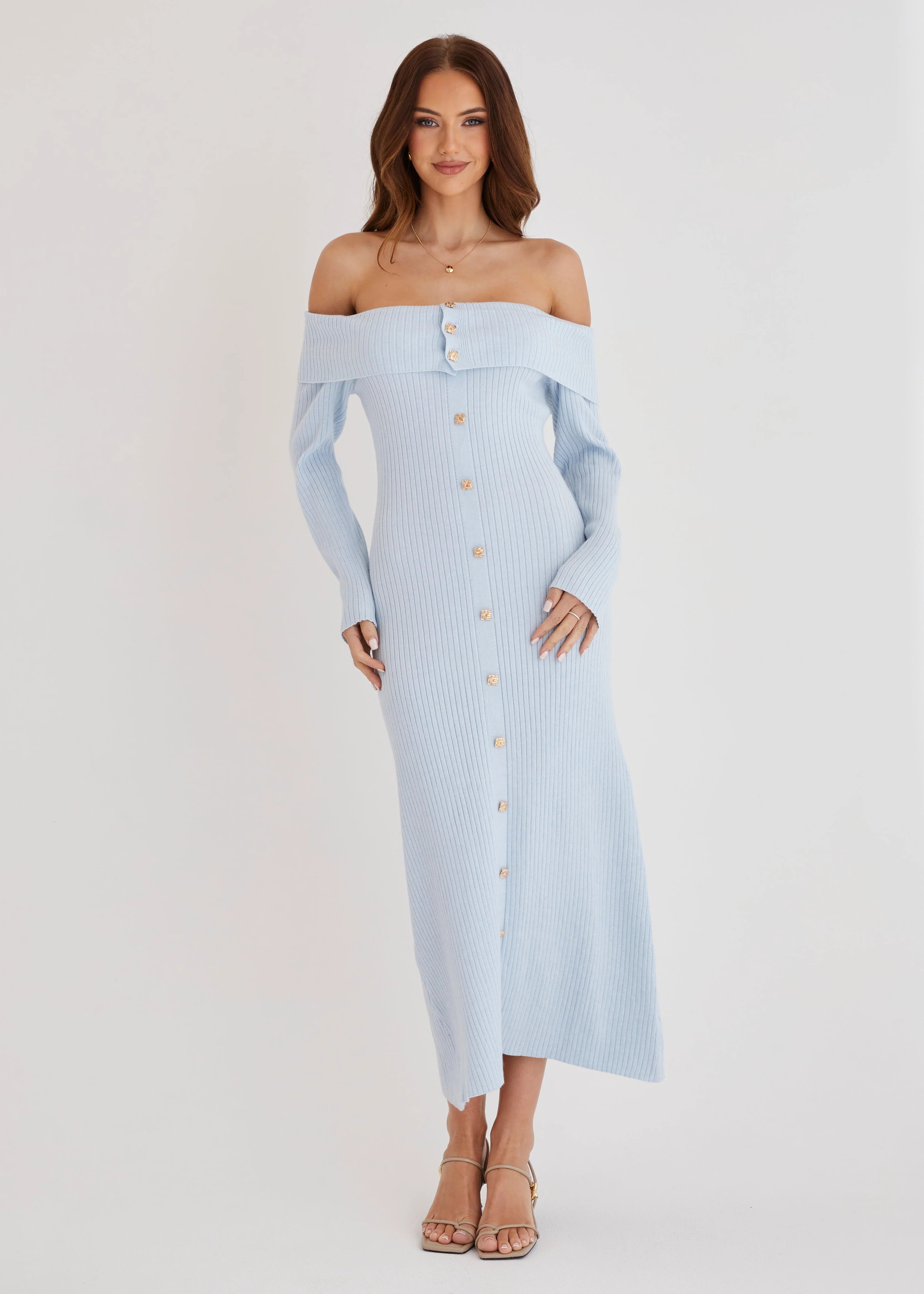 Aloe Off Shoulder Knit Maxi Dress - Powder Blue