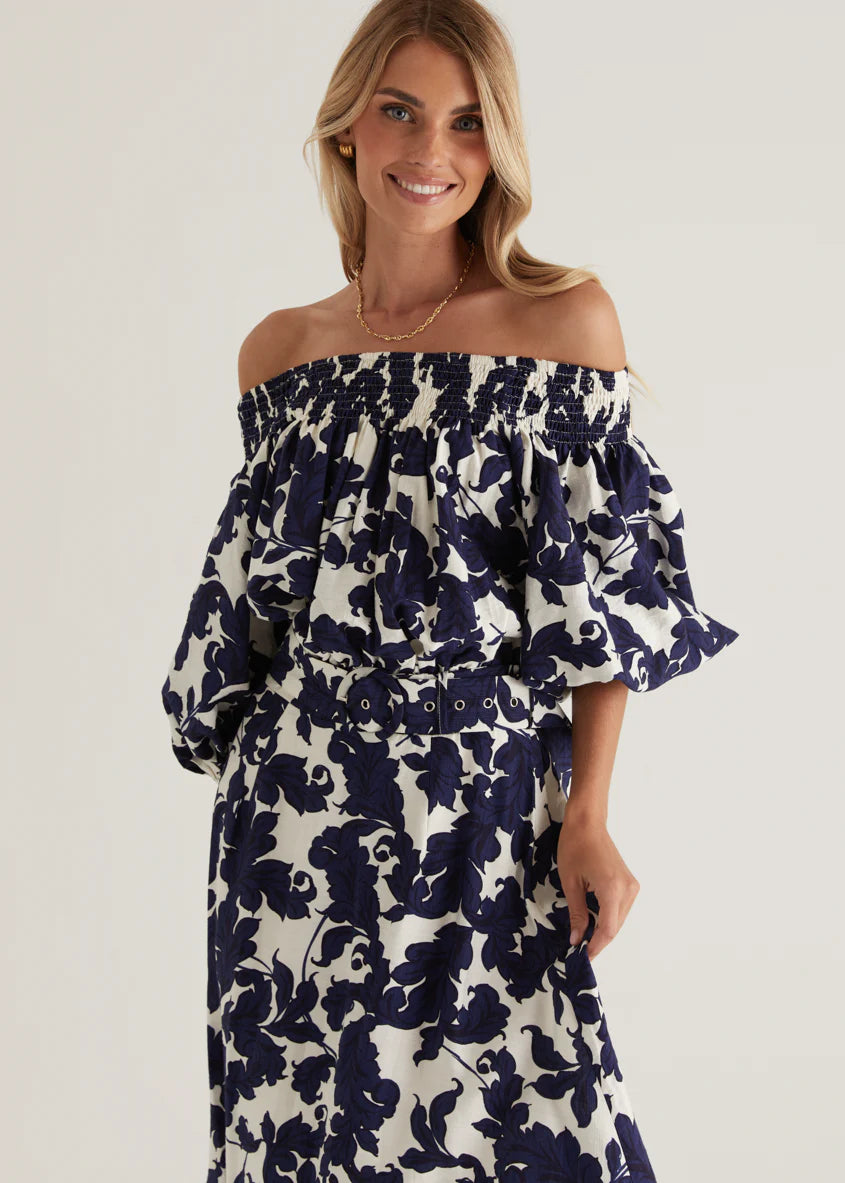 Talu Off Shoulder Midi Dress - Navy Paisley