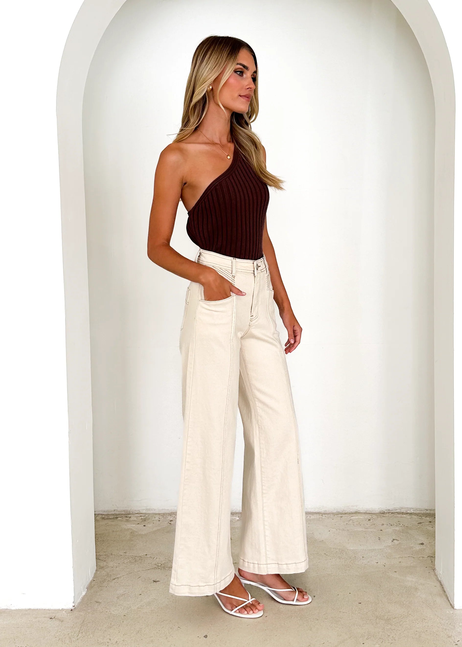 Jess Stretch Wide Leg Jeans - Sand