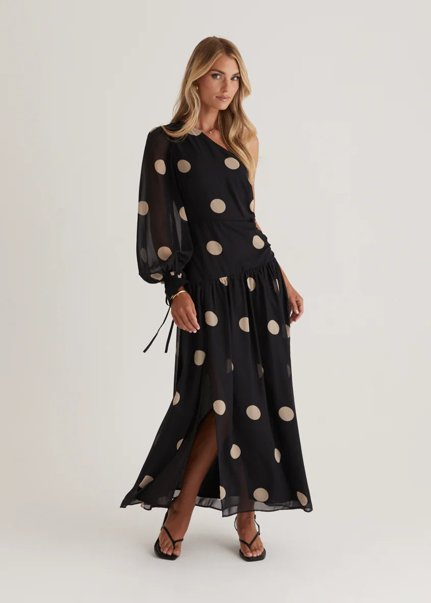 Ella One Shoulder Maxi Dress - Black Polka