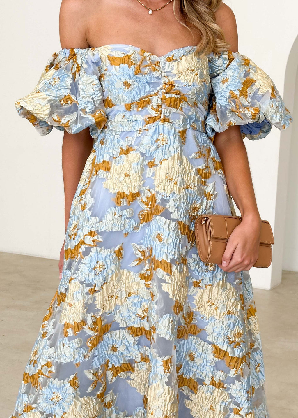 Tulliah Off Shoulder Midi Dress - Blue Jacquard