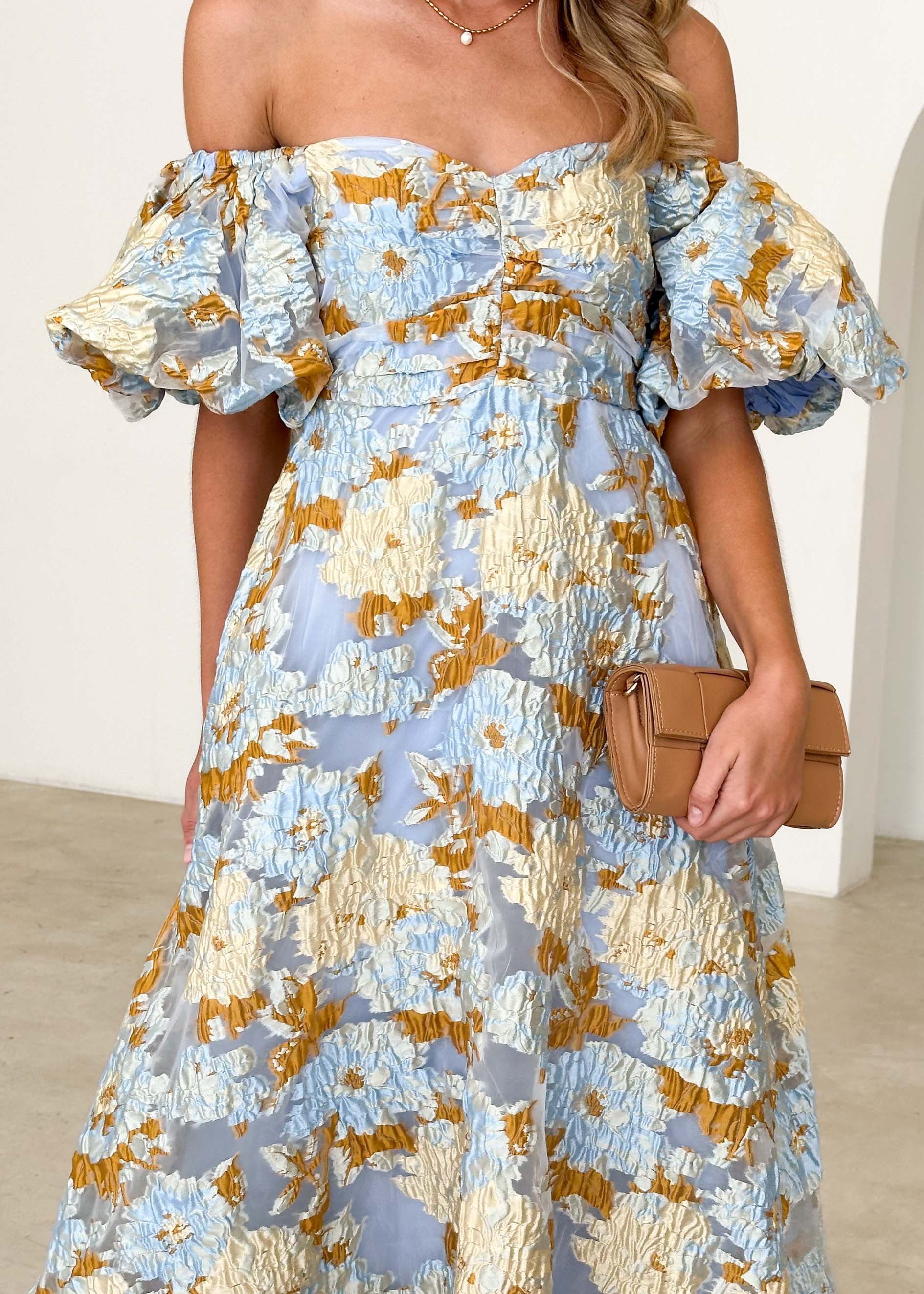 Tulliah Off Shoulder Midi Dress - Blue Jacquard