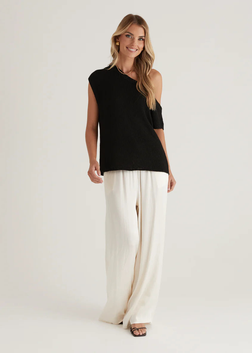 Casoni One Shoulder Knit Top - Black