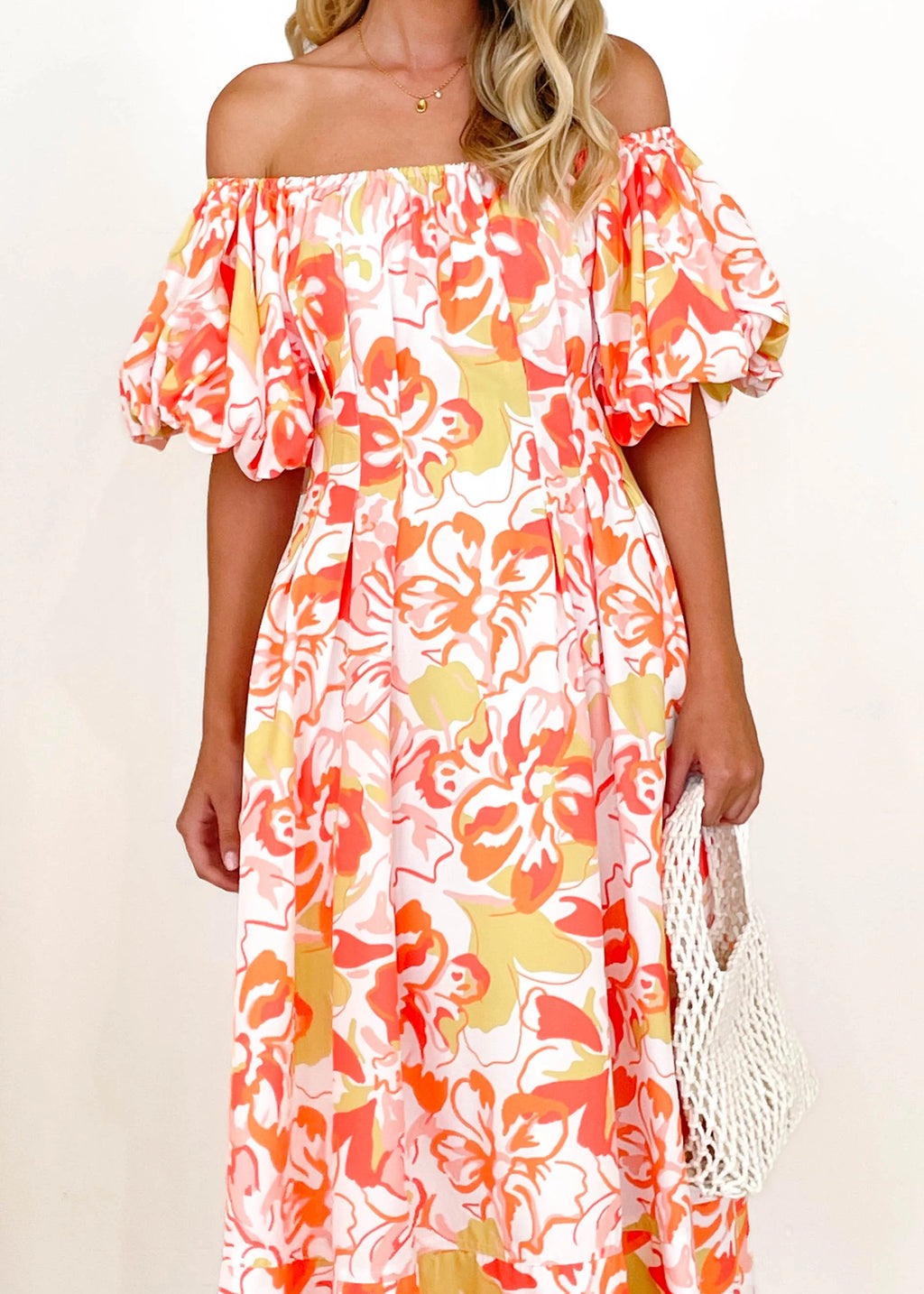 Jasmyn Off Shoulder Midi Dress - Mango Hibiscus