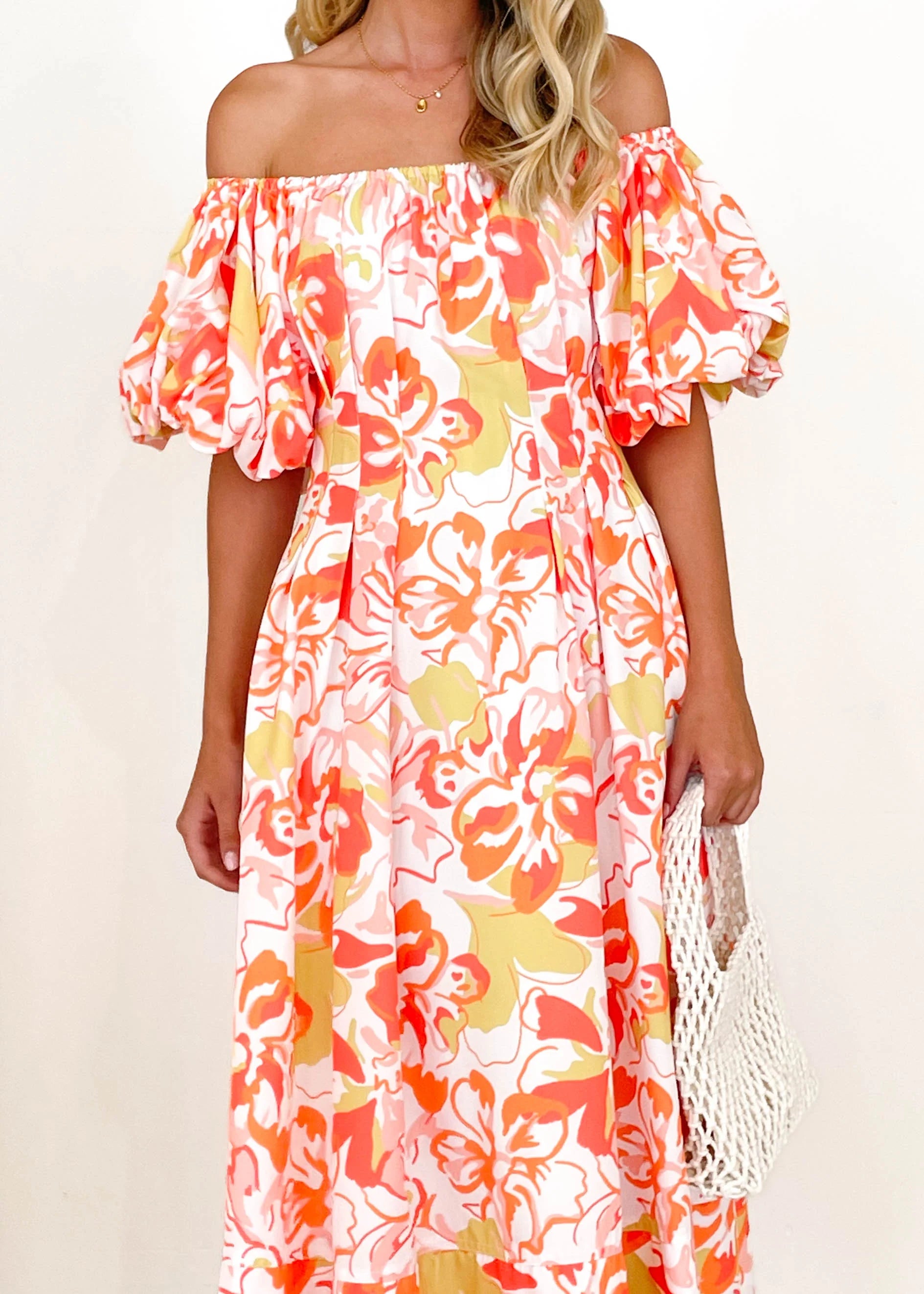 Jasmyn Off Shoulder Midi Dress - Mango Hibiscus