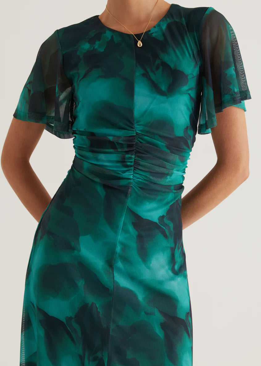 Ricki Mesh Midi Dress - Emerald Watercolour