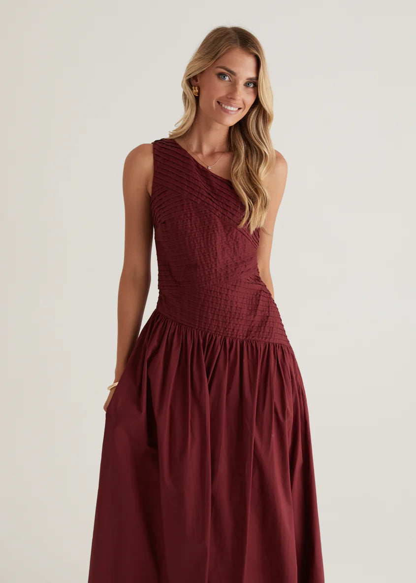 Tazzy One Shoulder Maxi Dress - Burgundy