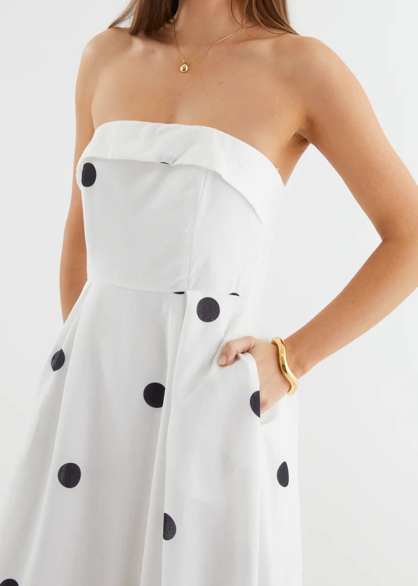 Charlee Strapless Midi Dress - White Polka