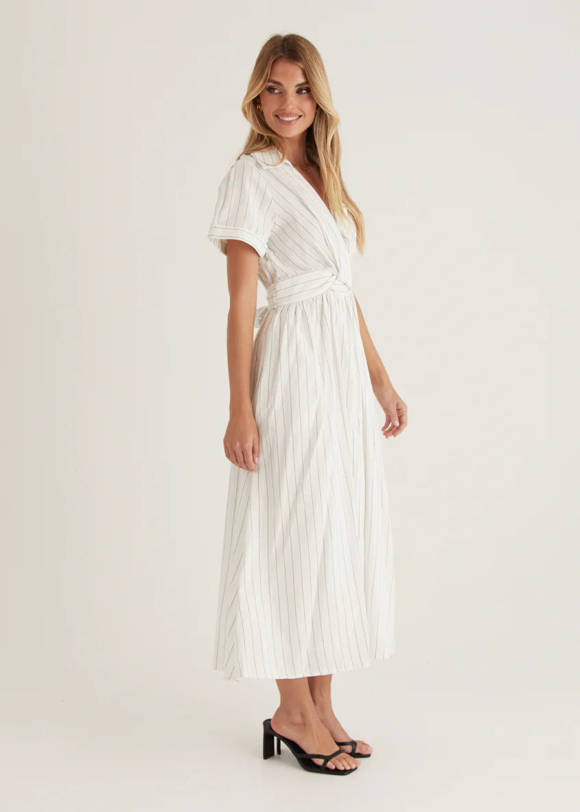 Santana Midi Dress - White Pinstripe