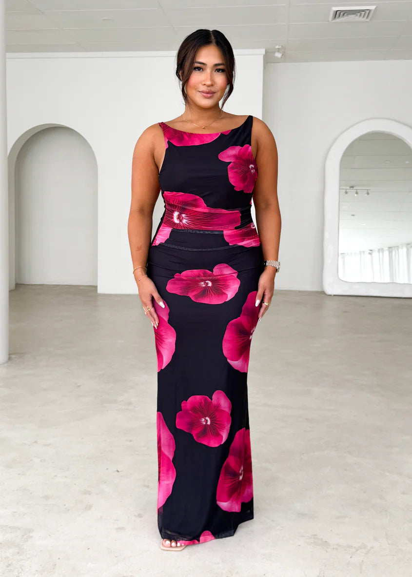 Rivka Mesh Maxi Dress - Black Floral