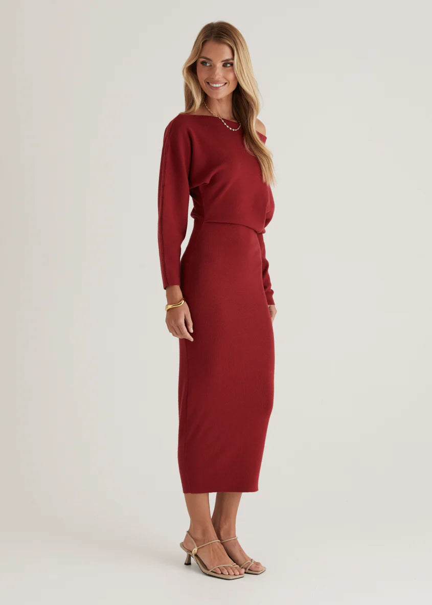 Milena Drop Shoulder Knit Midi Dress - Wine