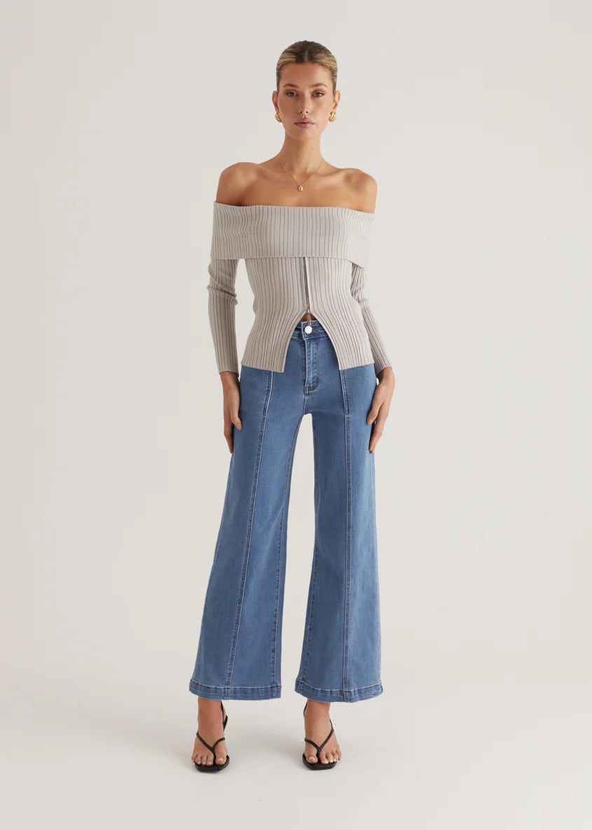 Ember Off Shoulder Knit Top - Stone