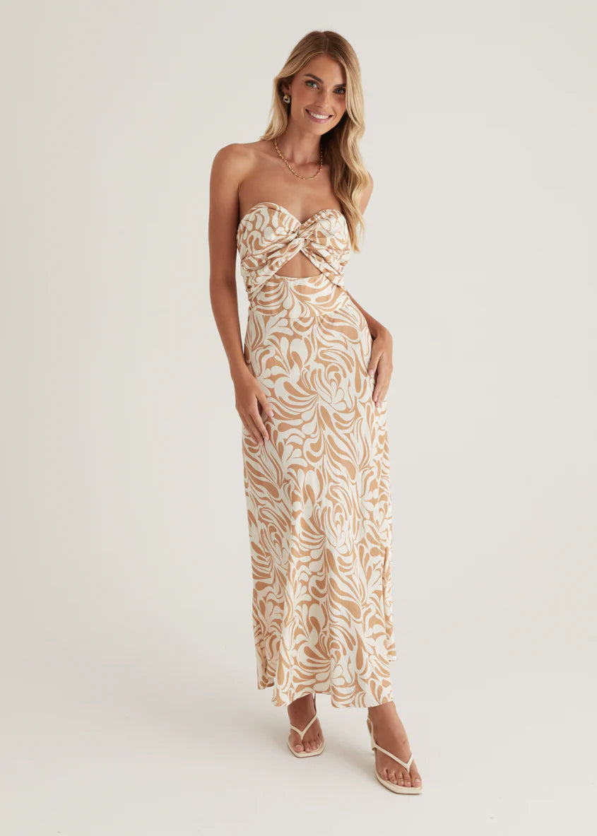 Bindi Strapless Maxi Dress - Beige Swirl