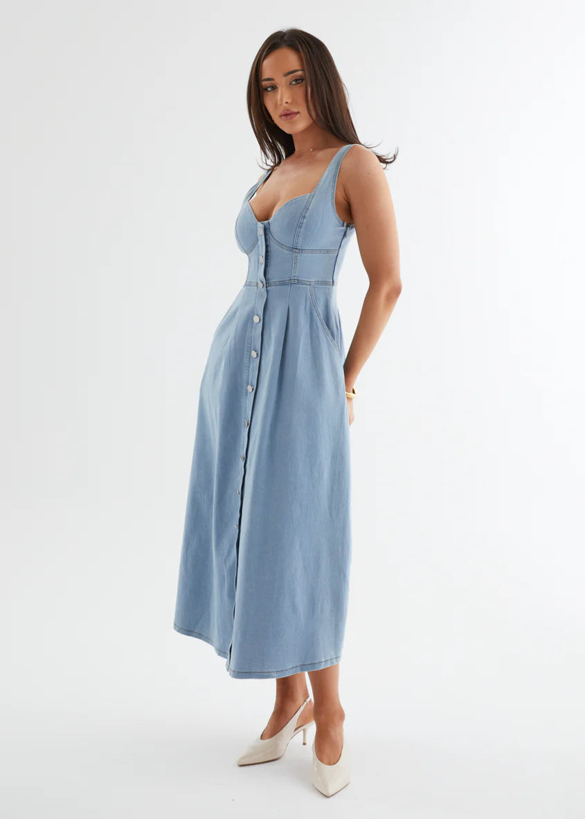 Deja Denim Midi Dress - Light Blue