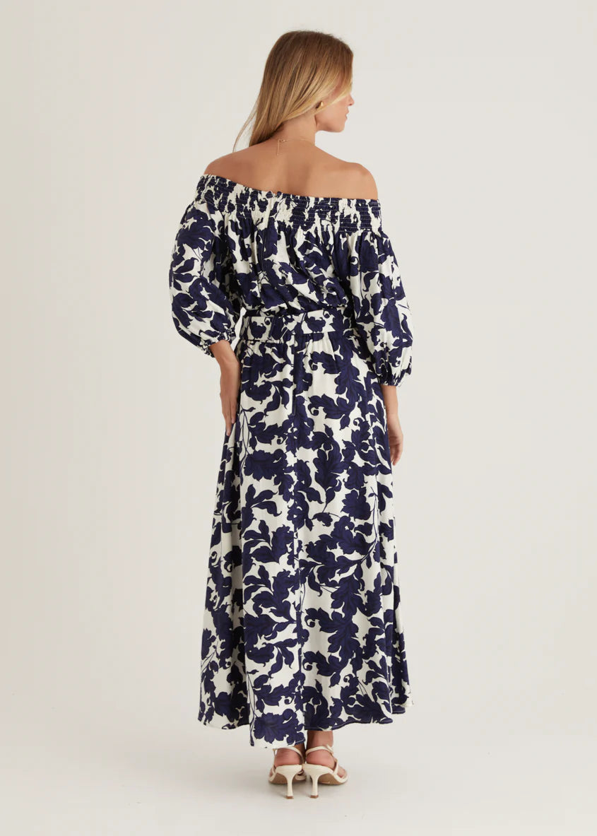 Talu Off Shoulder Midi Dress - Navy Paisley