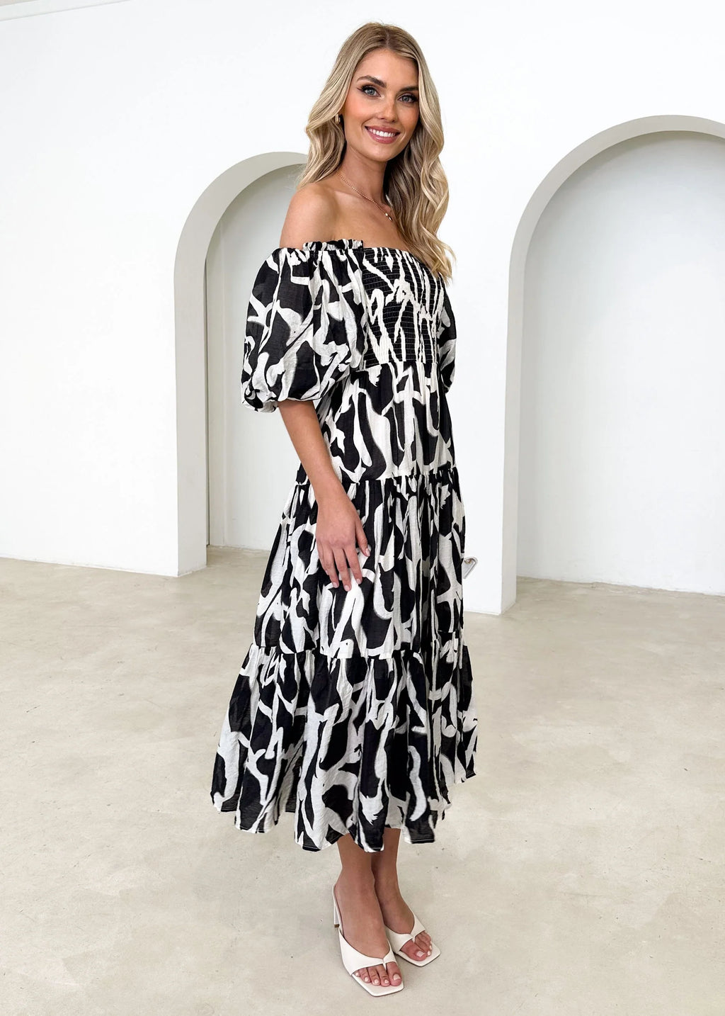 Irma Off Shoulder Midi Dress - Black Abstract