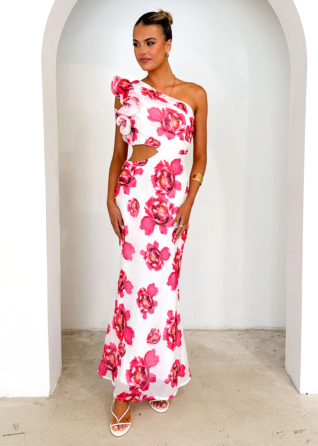 Edon One Shoulder Maxi Dress - Red Floral