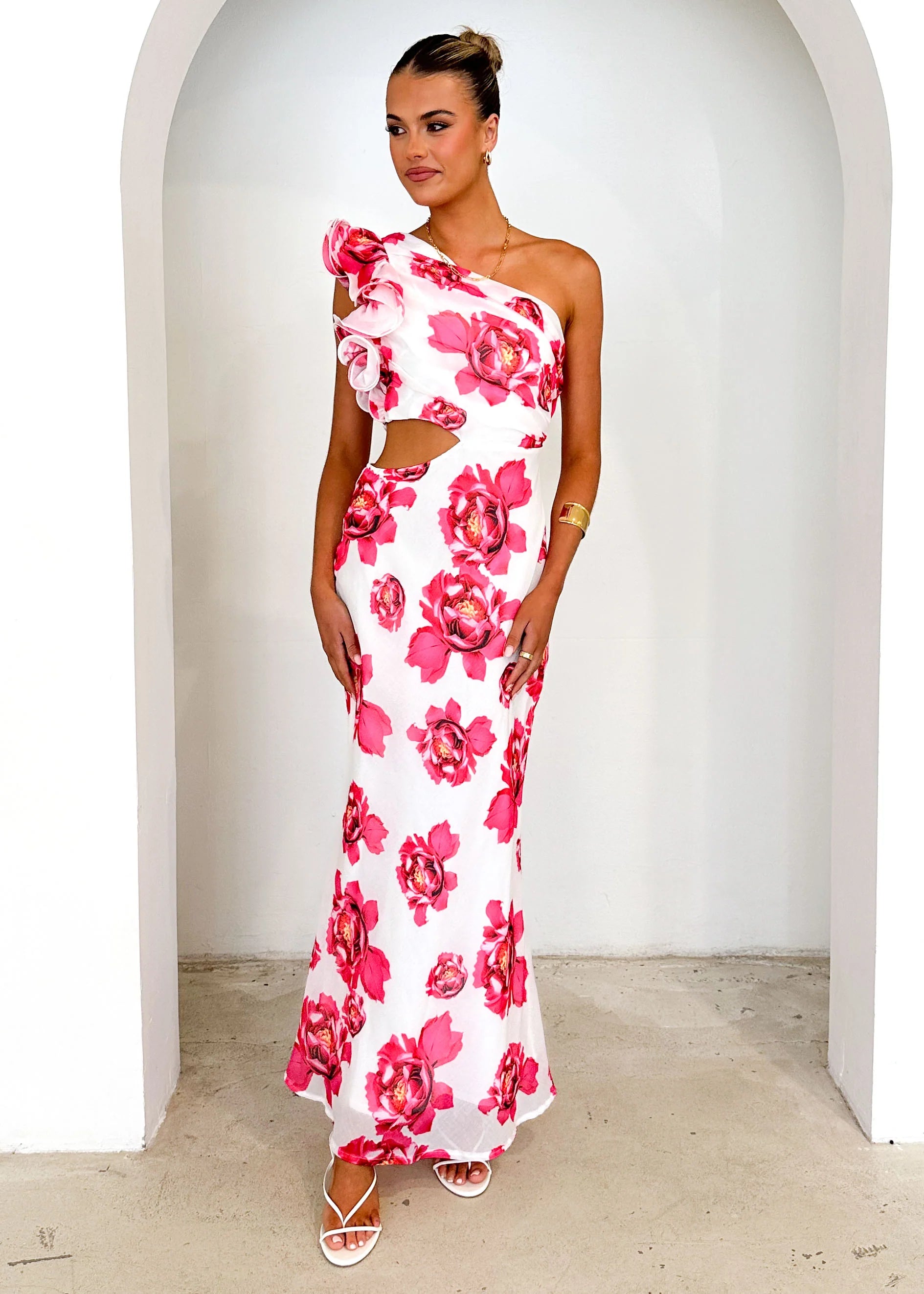Edon One Shoulder Maxi Dress - Red Floral