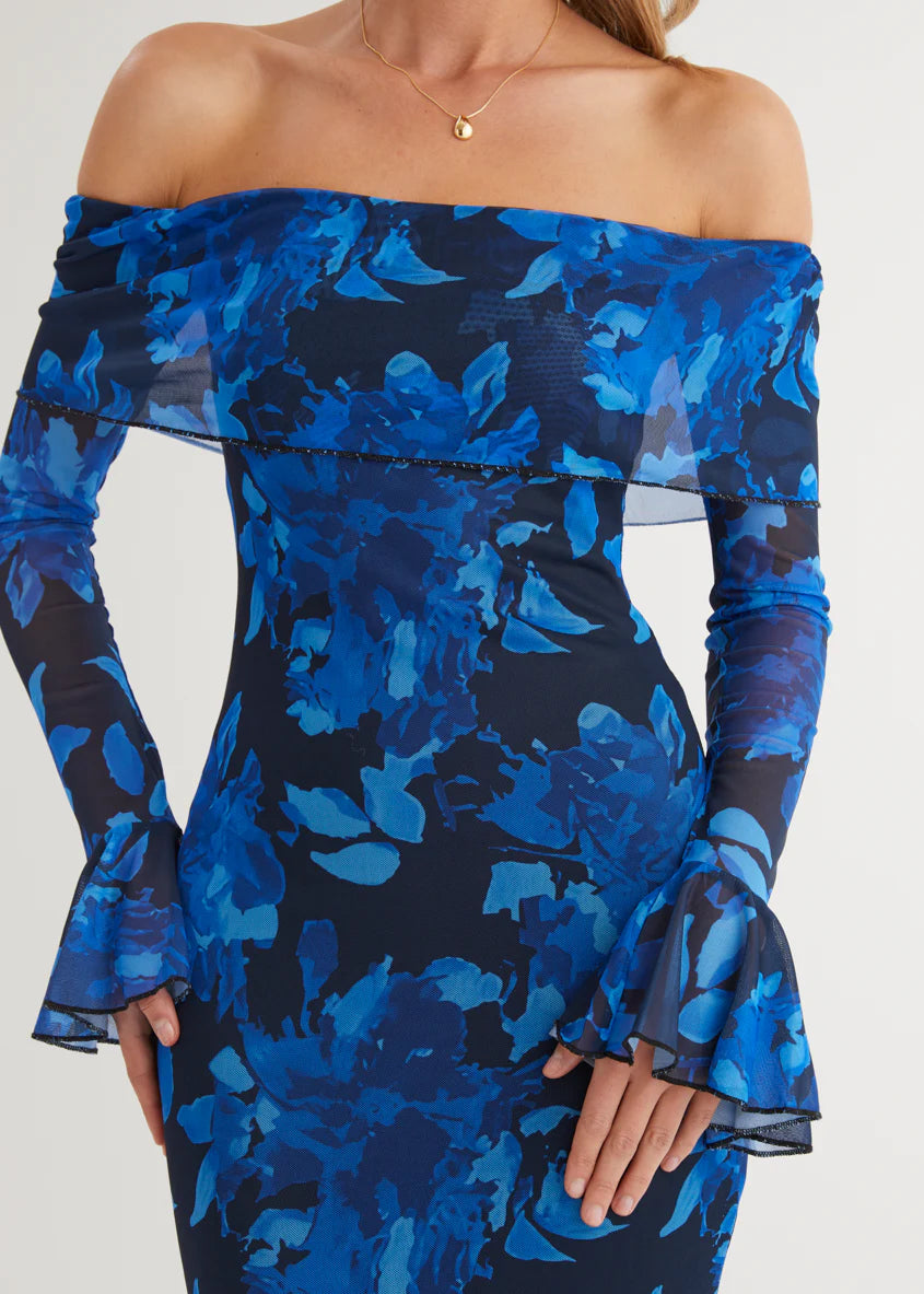 Linier Off Shoulder Mesh  Maxi Dress - Blue Floral