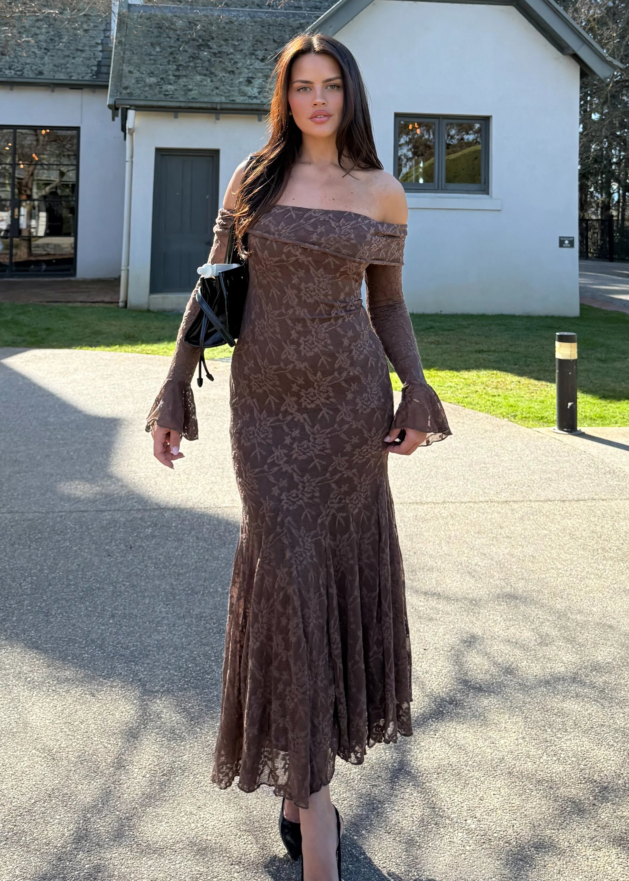 Cabo Off Shoulder Lace Maxi Dress - Chocolate