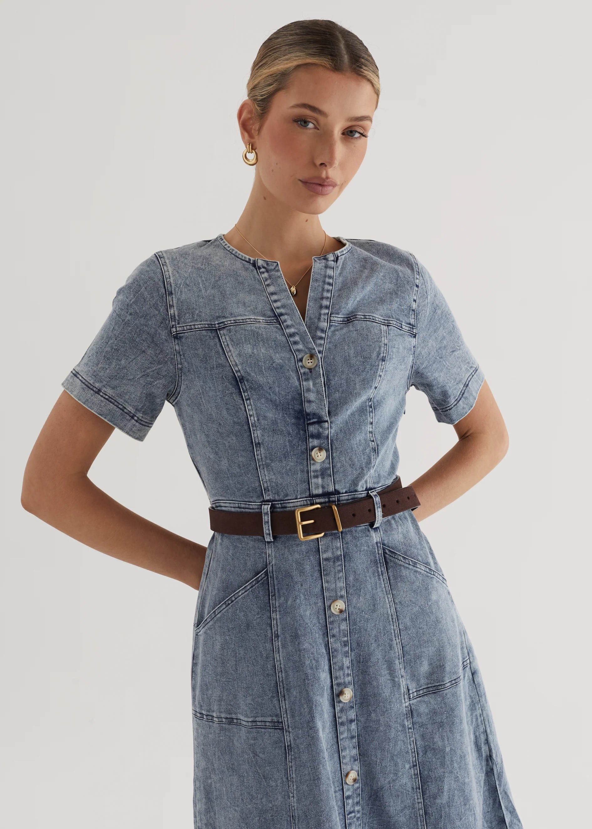 Petra Denim Midi Dress - Washed Blue